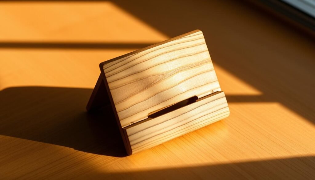 A warm, well-lit wooden phone stand resting on a natural wooden surface. The stand is carefully crafted from smooth, honey-toned oak, with a sleek minimalist design that showcases the beauty of the wood grain. The phone holder is gently slanted, providing an ergonomic and practical angle for easy viewing. Soft shadows cast by the stand create a sense of depth and dimension, complementing the overall rustic yet refined aesthetic. Subtle lighting from above illuminates the stand, highlighting its handmade quality and natural texture. This thoughtfully designed piece would make an excellent addition to any practical boyfriend's workspace or bedside table. A warm, well-lit wooden phone stand resting on a natural wooden surface. The stand is carefully crafted from smooth, honey-toned oak, with a sleek minimalist design that showcases the beauty of the wood grain. The phone holder is gently slanted, providing an ergonomic and practical angle for easy viewing. Soft shadows cast by the stand create a sense of depth and dimension, complementing the overall rustic yet refined aesthetic. Subtle lighting from above illuminates the stand, highlighting its handmade quality and natural texture. This thoughtfully designed piece would make an excellent addition to any practical boyfriend's workspace or bedside table.