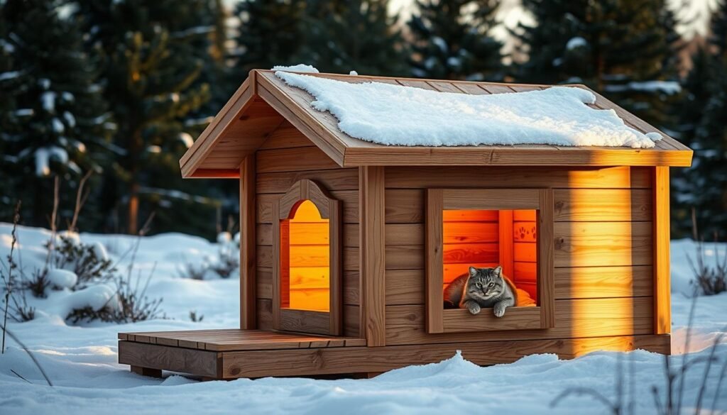 A weatherproof DIY outdoor cat house made of sturdy wood, with a slanted roof to shed rain and snow. The house has a raised platform entrance, a cozy interior with insulation, and a weathertight door. The exterior features a natural wood finish, with decorative accents like carved paw prints. Warm lighting from inside the house casts a soft glow, creating a welcoming atmosphere. The house is positioned in a snowy, wooded landscape, with tall evergreen trees in the background. Dramatic lighting from the side, with long shadows, emphasizes the robust construction and protective design of the cat house. A weatherproof DIY outdoor cat house made of sturdy wood, with a slanted roof to shed rain and snow. The house has a raised platform entrance, a cozy interior with insulation, and a weathertight door. The exterior features a natural wood finish, with decorative accents like carved paw prints. Warm lighting from inside the house casts a soft glow, creating a welcoming atmosphere. The house is positioned in a snowy, wooded landscape, with tall evergreen trees in the background. Dramatic lighting from the side, with long shadows, emphasizes the robust construction and protective design of the cat house.