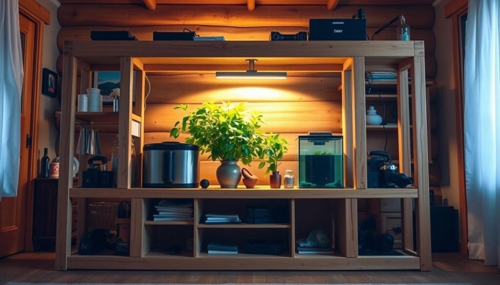 A well-crafted DIY fish tank stand in a cozy, rustic setting. A sturdy wooden frame with adjustable shelves in the foreground, holding various aquarium supplies. In the middle ground, a lush potted plant and a few decorative items add a touch of natural flair. The background showcases a warm, softly lit interior with natural wood accents, creating an inviting and tranquil atmosphere. The lighting is gentle, with a mix of natural and subtle artificial illumination, casting a warm glow on the scene. The overall composition conveys a sense of functionality, personalization, and harmony, perfectly suited for the "Troubleshooting Common DIY Fish Tank Stand Issues" section.