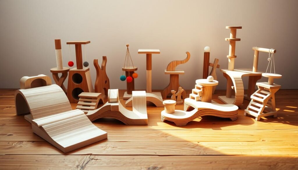 A well-crafted assortment of whimsical wooden cat toys sits upon a warm, rustic wooden surface, bathed in soft, natural lighting. In the foreground, a variety of intricate shapes and textures capture a cat's playful curiosity - smooth ramps, swinging platforms, and colorful dangles invite exploration. The middle ground showcases thoughtfully designed structures, each piece meticulously carved and sanded to create an engaging playtime experience. In the background, a minimalist backdrop allows the craftsmanship to shine, emphasizing the organic beauty of the materials. The overall scene exudes a sense of understated elegance, perfectly suited for an article on advanced woodworking projects for feline companions. A well-crafted assortment of whimsical wooden cat toys sits upon a warm, rustic wooden surface, bathed in soft, natural lighting. In the foreground, a variety of intricate shapes and textures capture a cat's playful curiosity - smooth ramps, swinging platforms, and colorful dangles invite exploration. The middle ground showcases thoughtfully designed structures, each piece meticulously carved and sanded to create an engaging playtime experience. In the background, a minimalist backdrop allows the craftsmanship to shine, emphasizing the organic beauty of the materials. The overall scene exudes a sense of understated elegance, perfectly suited for an article on advanced woodworking projects for feline companions.