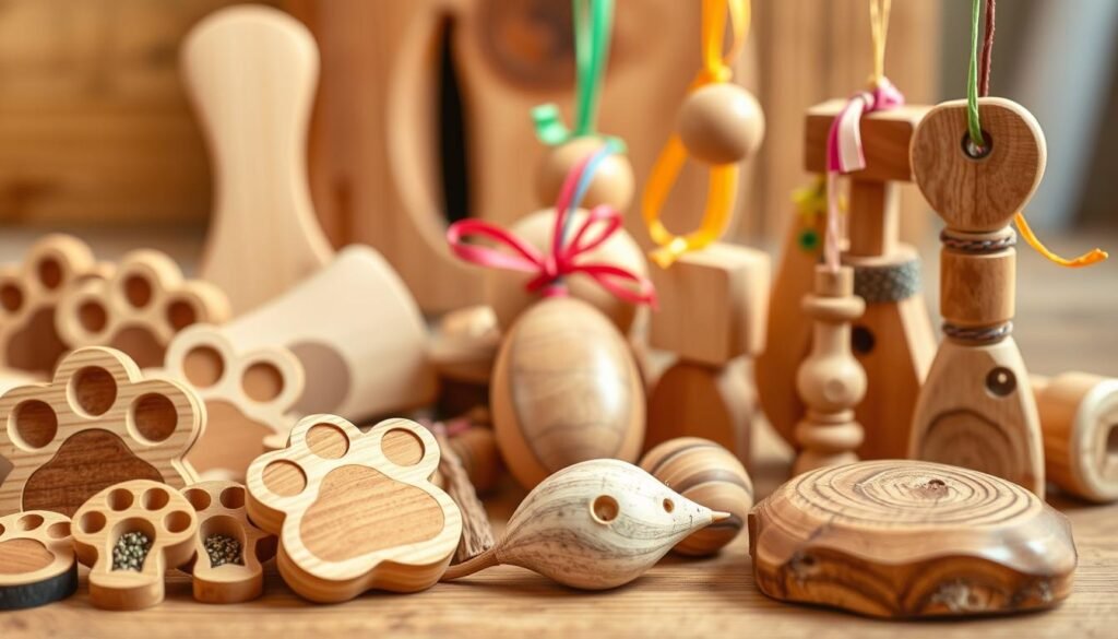 A well-crafted collection of simple, charming wooden cat toy designs for beginner woodworkers. The foreground features an assortment of intricate, whimsical shapes - paw prints, catnip-filled mice, and playful dangling toys with colorful ribbons. The middle ground showcases a variety of natural wooden textures, from smooth sanded surfaces to rustic, knotted accents. In the background, a soft, warm lighting casts a cozy, inviting glow, highlighting the organic beauty of the wooden materials. The overall scene conveys a sense of homespun craftsmanship and playful inspiration, perfect for cat owners seeking to create engaging, handmade toys for their feline companions. A well-crafted collection of simple, charming wooden cat toy designs for beginner woodworkers. The foreground features an assortment of intricate, whimsical shapes - paw prints, catnip-filled mice, and playful dangling toys with colorful ribbons. The middle ground showcases a variety of natural wooden textures, from smooth sanded surfaces to rustic, knotted accents. In the background, a soft, warm lighting casts a cozy, inviting glow, highlighting the organic beauty of the wooden materials. The overall scene conveys a sense of homespun craftsmanship and playful inspiration, perfect for cat owners seeking to create engaging, handmade toys for their feline companions.