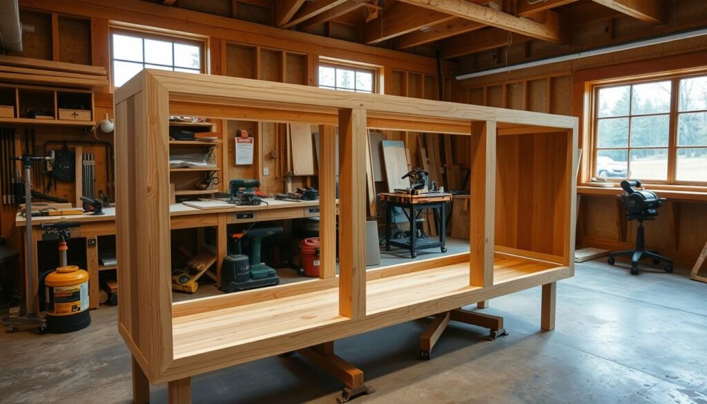 A well-crafted, detailed workshop interior with a focus on the construction of a custom wooden sideboard. The foreground features the sideboard frame in various stages of assembly, showcasing the joinery techniques and craftsmanship. The middle ground presents the woodworking tools and materials used, such as clamps, saws, and sanding equipment, all arranged neatly. The background depicts a warm, well-lit workshop space with wooden beams, concrete floors, and a large window allowing natural light to flood the scene. The overall mood is one of focused, meticulous work, capturing the essence of the "Building the Sideboard Cabinet Frame" process.