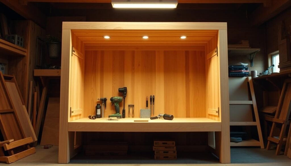 A well-crafted, functional woodworking storage bench set against a warm, natural backdrop. In the foreground, a sturdy, rectangular frame constructed from smooth, light-toned wood panels, its storage compartments accessible via sleek, sliding doors. Warm lighting from above casts a soft glow, highlighting the intricate joinery and clean lines. The middle ground features a selection of woodworking tools and materials, neatly organized and at the ready. In the background, a rustic, earthy environment, perhaps a workshop or studio, with hints of wooden beams and shelving visible, creating a cohesive, crafted ambiance. A well-crafted, functional woodworking storage bench set against a warm, natural backdrop. In the foreground, a sturdy, rectangular frame constructed from smooth, light-toned wood panels, its storage compartments accessible via sleek, sliding doors. Warm lighting from above casts a soft glow, highlighting the intricate joinery and clean lines. The middle ground features a selection of woodworking tools and materials, neatly organized and at the ready. In the background, a rustic, earthy environment, perhaps a workshop or studio, with hints of wooden beams and shelving visible, creating a cohesive, crafted ambiance.