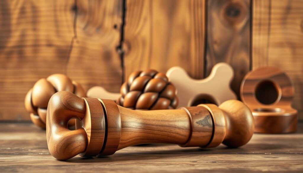 A well-crafted, pet-safe wooden dog toy set against a warm, rustic backdrop. In the foreground, a thoughtfully designed chew toy with smooth, rounded edges and interlocking puzzle pieces, inviting playful exploration. In the middle ground, a selection of other toys - a natural wood knot, a carved bone shape, and a treat-dispensing puzzle - all crafted with durable, non-toxic materials. The background features a weathered wooden surface, casting a soft, golden glow and highlighting the natural beauty of the toys. Soft, diffused lighting illuminates the scene, conveying a sense of comfort and care. The overall mood is one of safety, quality, and a harmonious blend of form and function, perfectly suited for a pet-centric DIY woodworking project.