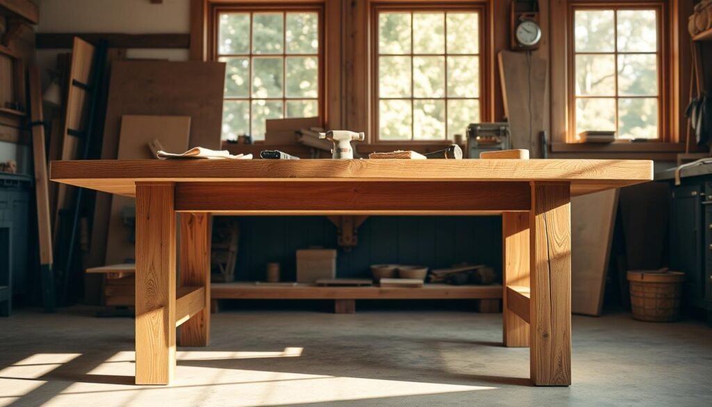 A well-crafted, rustic farmhouse table standing proudly in a sunlit workshop. The solid oak tabletop is smooth and weathered, complemented by sturdy, distressed pine legs. Scattered across the surface are various woodworking tools - a hammer, a chisel, and sandpaper - hinting at the DIY process. Warm, golden light filters in through large windows, casting a cozy glow over the scene. The atmosphere is one of focused creativity and the satisfying results of hands-on craftsmanship. The camera angle is slightly elevated, capturing the table's impressive proportions and inviting the viewer to imagine themselves immersed in this productive, homespun environment.