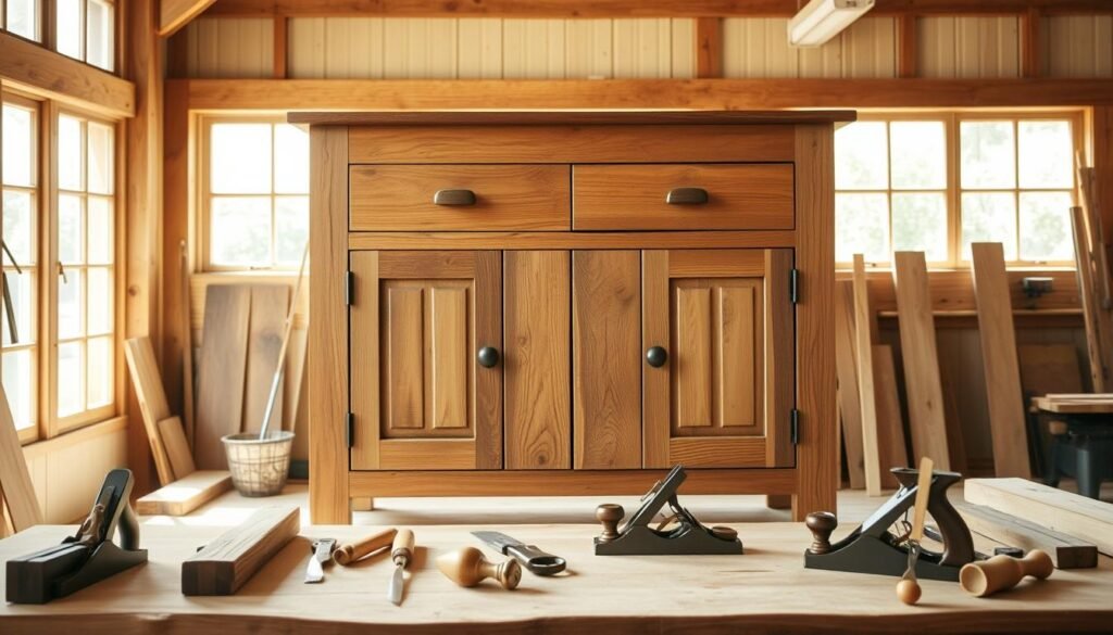 A well-crafted, rustic sideboard cabinet stands prominently in a bright, airy woodworking workshop. Warm, natural light cascades through large windows, illuminating the smooth, sanded wood grains and highlighting the intricate joinery. The cabinet's sturdy frame, assembled from rough-hewn oak planks, sports a weathered, time-worn finish. Delicate hand-carved details accent the drawer fronts and side panels, evoking a sense of artisanal craftsmanship. In the foreground, a variety of woodworking tools, including chisels, handsaws, and a plane, are neatly arranged, ready for the next step in the cabinet's construction. The overall scene conveys a tranquil, focused atmosphere, perfectly suited for the "Cutting and Preparing the Wood" section of the woodworking article.