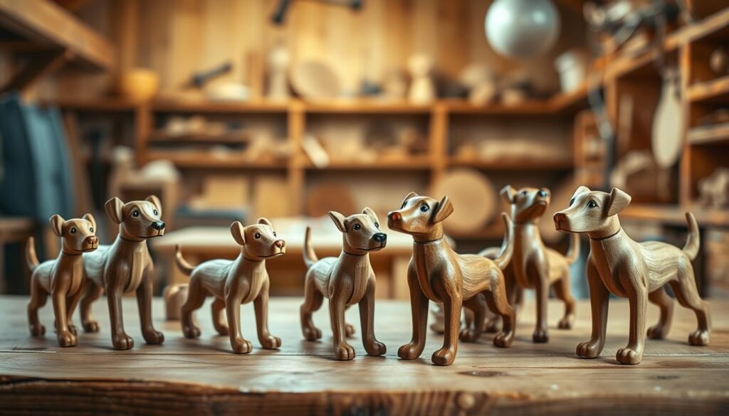 A well-crafted scene of interactive wooden toy dogs in a warm, natural setting. In the foreground, an array of meticulously carved canine figurines arranged in playful poses, each with articulated limbs and expressive features. The middle ground showcases a rustic wooden tabletop or workbench, perhaps with simple tools and materials hinting at the toymaker's craft. The background immerses the viewer in a cozy, softly lit studio or workshop, with wooden beams, shelves, and natural textures evoking a timeless, handmade atmosphere. The lighting is gentle, casting a harmonious glow that enhances the organic beauty of the wooden toys. The overall composition conveys a sense of whimsical creativity, inviting the viewer to imagine the joy and tactile experience of playing with these charming, interactive wooden dog figurines. A well-crafted scene of interactive wooden toy dogs in a warm, natural setting. In the foreground, an array of meticulously carved canine figurines arranged in playful poses, each with articulated limbs and expressive features. The middle ground showcases a rustic wooden tabletop or workbench, perhaps with simple tools and materials hinting at the toymaker's craft. The background immerses the viewer in a cozy, softly lit studio or workshop, with wooden beams, shelves, and natural textures evoking a timeless, handmade atmosphere. The lighting is gentle, casting a harmonious glow that enhances the organic beauty of the wooden toys. The overall composition conveys a sense of whimsical creativity, inviting the viewer to imagine the joy and tactile experience of playing with these charming, interactive wooden dog figurines.