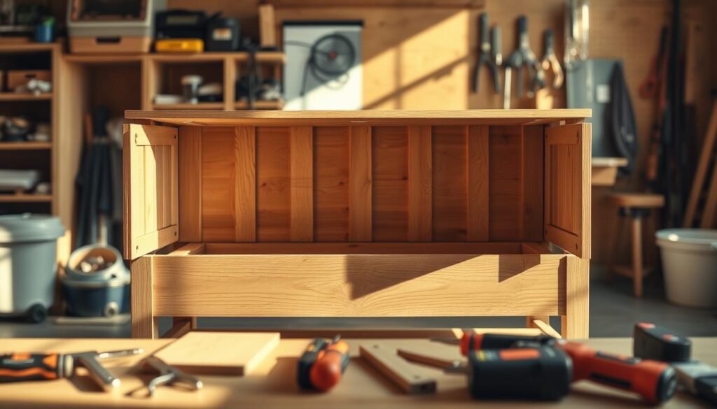 A well-crafted, wooden DIY storage bench sits in a sunlit workshop, its doors open to reveal neatly organized compartments. The bench's clean lines and natural grain evoke a sense of rustic charm. Delicate shadows play across the surface, hinting at the bench's functional design. In the foreground, tools and materials are arranged, suggesting the process of its creation. The background features a blurred, cozy workspace, with shelves and pegboards, conveying a atmosphere of productive creativity. The scene is captured with a warm, soft-focus lens, emphasizing the handcrafted quality of the storage bench. A well-crafted, wooden DIY storage bench sits in a sunlit workshop, its doors open to reveal neatly organized compartments. The bench's clean lines and natural grain evoke a sense of rustic charm. Delicate shadows play across the surface, hinting at the bench's functional design. In the foreground, tools and materials are arranged, suggesting the process of its creation. The background features a blurred, cozy workspace, with shelves and pegboards, conveying a atmosphere of productive creativity. The scene is captured with a warm, soft-focus lens, emphasizing the handcrafted quality of the storage bench.