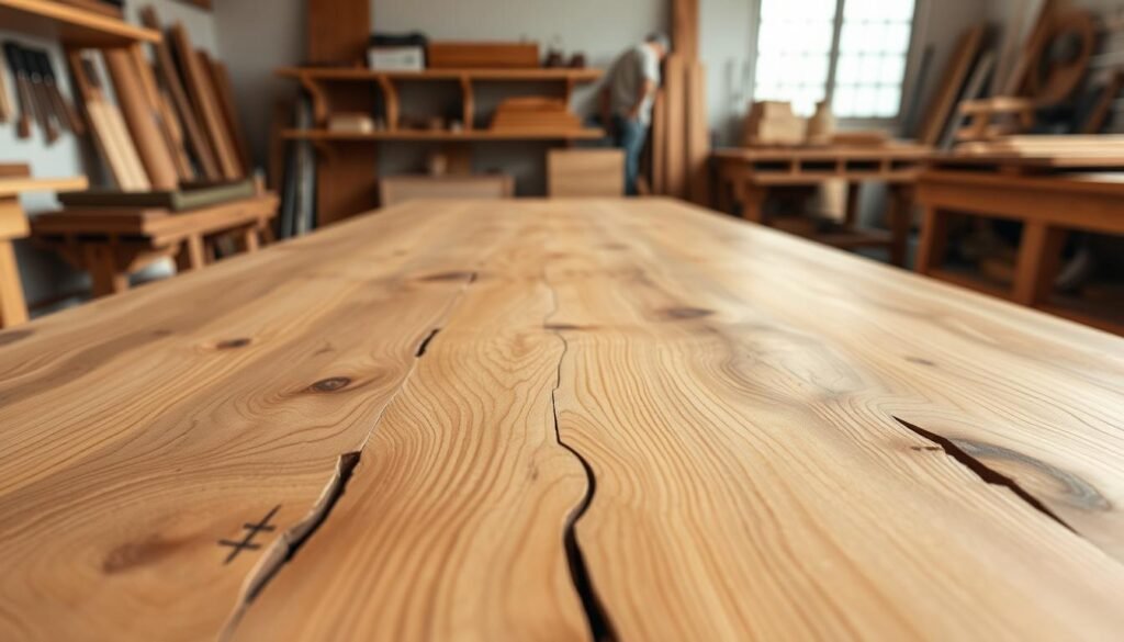 A well-crafted woodworking table top with intricate joinery techniques. In the foreground, a close-up view showcases the precise dovetail and mortise-and-tenon joints, the smooth sanded surfaces, and the natural grain patterns of the wood. In the middle ground, a wider perspective reveals the overall design, with clean lines and elegant proportions. The background features a softly-lit, minimalist workshop setting, highlighting the craftsmanship and attention to detail. The lighting is natural and warm, creating a sense of depth and dimensionality. The entire scene conveys a feeling of artisanal expertise, functional beauty, and a dedication to the art of woodworking. A well-crafted woodworking table top with intricate joinery techniques. In the foreground, a close-up view showcases the precise dovetail and mortise-and-tenon joints, the smooth sanded surfaces, and the natural grain patterns of the wood. In the middle ground, a wider perspective reveals the overall design, with clean lines and elegant proportions. The background features a softly-lit, minimalist workshop setting, highlighting the craftsmanship and attention to detail. The lighting is natural and warm, creating a sense of depth and dimensionality. The entire scene conveys a feeling of artisanal expertise, functional beauty, and a dedication to the art of woodworking.