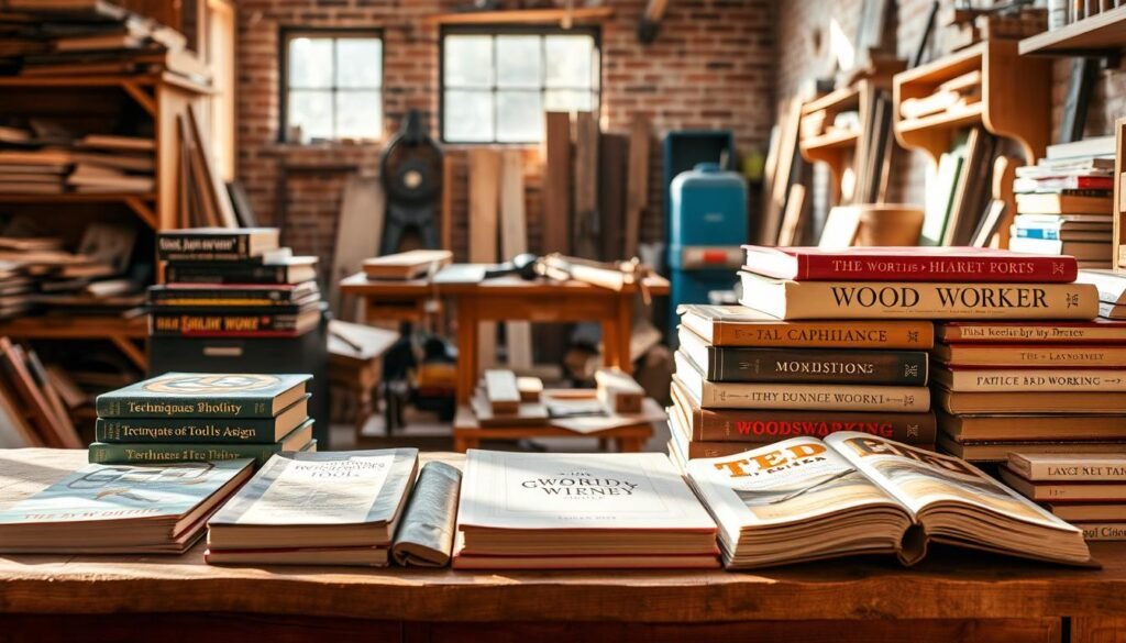 A well-curated collection of woodworking books sits atop a rustic wooden table, bathed in warm, natural lighting. The books, bound in various textures and hues, are arranged in an inviting display, their spines showcasing titles on techniques, tools, and design. In the middle ground, a carpenter's workshop comes into view, with scattered tools and a backdrop of exposed brick walls, evoking a sense of craftsmanship and creativity. The overall scene radiates a cozy, inspirational atmosphere, perfectly suited to enhance the woodworking journey of an aspiring craftsman.