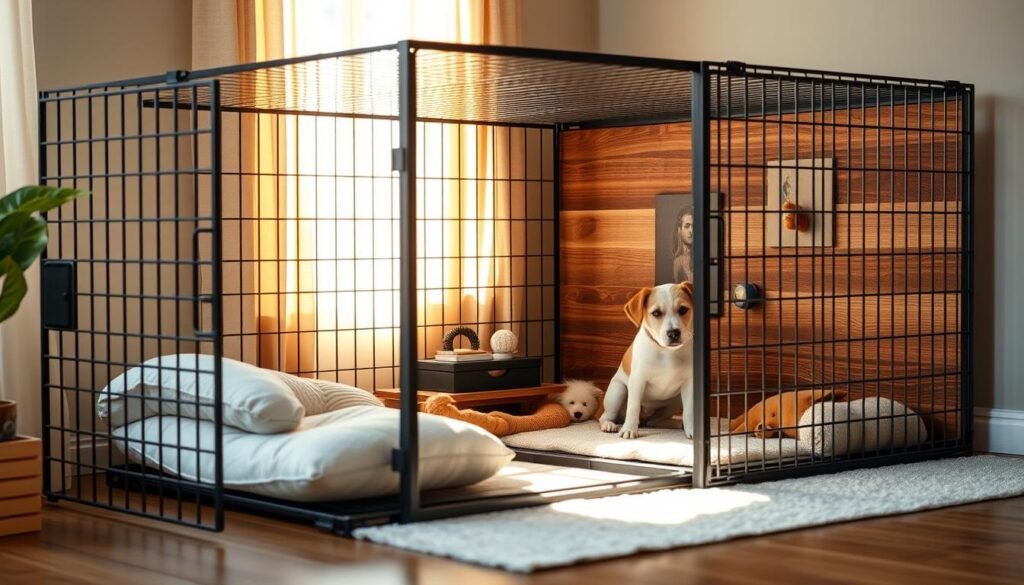A well-designed dog crate that enhances your canine companion's comfort and lifestyle. A sturdy metal frame with sleek wooden paneling, accented by subtle industrial-chic details. The crate is positioned in a cozy, sun-dappled corner, bathed in warm, natural lighting that filters through sheer curtains. Plush bedding and a selection of thoughtfully placed toys and accessories create a welcoming, den-like atmosphere. The crate's dimensions and layout are tailored to your dog's specific needs, providing ample space for relaxation and a sense of security. This custom crate design seamlessly blends form and function, elevating your dog's living space with style and functionality.