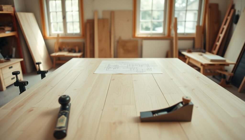 A well-designed, handcrafted wooden table top in a bright, airy workshop. The table surface is made of smooth, light-colored wood planks, with a clean, minimalist design. In the foreground, woodworking tools such as a chisel, clamps, and a plane are neatly arranged, suggesting a methodical and thoughtful approach to the project. The middle ground features a detailed sketch or blueprint of the table design, highlighting the planning and precision involved. In the background, large windows let in natural light, creating a warm, inviting atmosphere and emphasizing the DIY nature of the project. The overall scene conveys a sense of craftsmanship, focus, and the satisfying process of creating a custom, functional piece of furniture. A well-designed, handcrafted wooden table top in a bright, airy workshop. The table surface is made of smooth, light-colored wood planks, with a clean, minimalist design. In the foreground, woodworking tools such as a chisel, clamps, and a plane are neatly arranged, suggesting a methodical and thoughtful approach to the project. The middle ground features a detailed sketch or blueprint of the table design, highlighting the planning and precision involved. In the background, large windows let in natural light, creating a warm, inviting atmosphere and emphasizing the DIY nature of the project. The overall scene conveys a sense of craftsmanship, focus, and the satisfying process of creating a custom, functional piece of furniture.