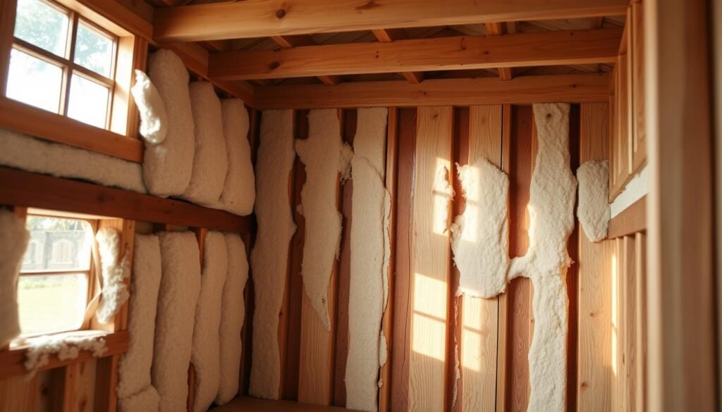 A well-insulated dog house interior, illuminated by soft, natural lighting filtering through windows. Thick layers of insulation material - fiberglass batting, spray foam, and reflective foil - are precisely installed between the wooden beams, creating an energy-efficient thermal barrier. The insulation seamlessly blends with the wooden paneling, showcasing innovative techniques for maximum climate control. The overall scene conveys a sense of cozy comfort and thoughtful design, perfect for keeping a furry friend cool and comfortable in the heat. A well-insulated dog house interior, illuminated by soft, natural lighting filtering through windows. Thick layers of insulation material - fiberglass batting, spray foam, and reflective foil - are precisely installed between the wooden beams, creating an energy-efficient thermal barrier. The insulation seamlessly blends with the wooden paneling, showcasing innovative techniques for maximum climate control. The overall scene conveys a sense of cozy comfort and thoughtful design, perfect for keeping a furry friend cool and comfortable in the heat.