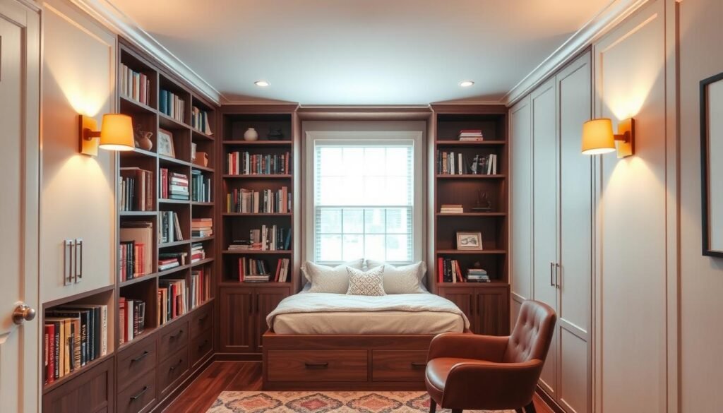 A well-integrated bookcase and murphy bed in a cozy, well-lit home study. The bookcase is built seamlessly into the wall, its shelves filled with an eclectic collection of books and decorative accents. The murphy bed is tucked discreetly behind the bookcase, its wooden frame blending harmoniously with the surrounding cabinetry. Warm, indirect lighting from sconces illuminates the scene, casting a soft, inviting glow. The room's neutral color palette and minimalist decor create a serene, functional atmosphere perfect for work, reading, or relaxation. A well-integrated bookcase and murphy bed in a cozy, well-lit home study. The bookcase is built seamlessly into the wall, its shelves filled with an eclectic collection of books and decorative accents. The murphy bed is tucked discreetly behind the bookcase, its wooden frame blending harmoniously with the surrounding cabinetry. Warm, indirect lighting from sconces illuminates the scene, casting a soft, inviting glow. The room's neutral color palette and minimalist decor create a serene, functional atmosphere perfect for work, reading, or relaxation.