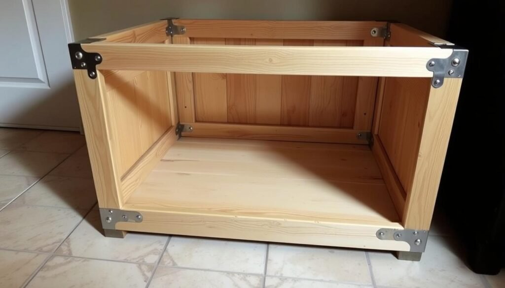 A well-lit DIY dog crate made of sturdy wooden panels, with metal fasteners and reinforced corners. The crate is positioned on a tiled floor, creating a sense of stability and cleanliness. The camera angle captures the crate from a slightly elevated perspective, highlighting its sturdy construction and attention to detail. The lighting casts soft shadows, accentuating the textures and craftsmanship. The overall atmosphere conveys a sense of reliability and functionality, suitable for a dog's comfortable and secure living space.