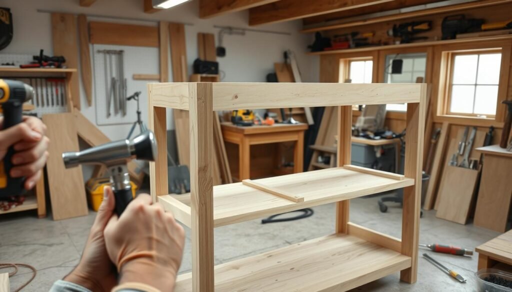 A well-lit DIY fish tank stand in a woodworking workshop. In the foreground, a close-up view of a person's hands carefully assembling the wooden frame, using various tools like a hammer, screwdriver, and power drill. In the middle ground, an unfinished stand with a partially installed top surface, shelves, and supports. In the background, a clean, organized workspace with neatly arranged power tools, hardware, and other DIY supplies. The overall scene conveys a sense of focused craftsmanship and a step-by-step construction process.