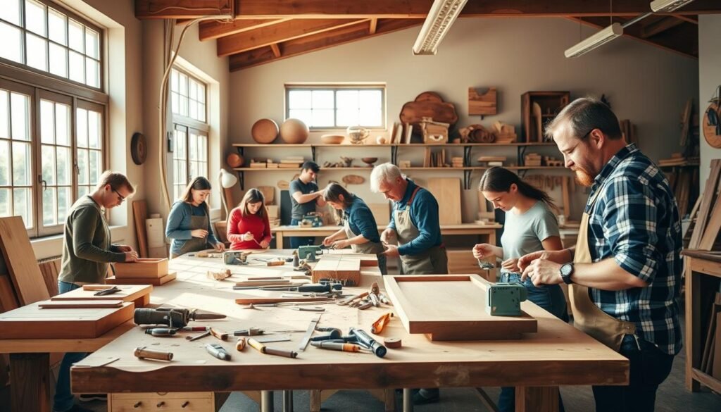 A well-lit, airy woodworking studio with an expansive workbench, an assortment of hand tools neatly arranged, and a group of students intently focused on their projects. Sunlight streams in through large windows, casting a warm glow on the scene. The instructor, a seasoned craftsman, demonstrates proper techniques as the students, with eager expressions, follow along. The atmosphere is one of creativity, concentration, and the satisfying sound of wood shaping. In the background, shelves display various finished woodworking pieces, hinting at the skills to be acquired. This image captures the essence of an engaging, hands-on woodworking class, where the joy of craftsmanship is palpable.