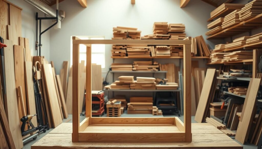 A well-lit and spacious carpentry workshop interior. In the foreground, a sturdy, wooden dresser frame stands on a workbench, ready for further construction. The wood has a rich, warm tone, and the grain patterns are clearly visible. In the middle ground, various hand tools such as saws, planes, and chisels are neatly arranged, suggesting the meticulous preparation process. The background features shelves stocked with an array of wooden boards, planks, and panels, casting a soft, diffused light throughout the scene. The overall atmosphere conveys a sense of focused craftsmanship and attention to detail, perfectly capturing the essence of the "Cutting and Preparing the Wood" section.