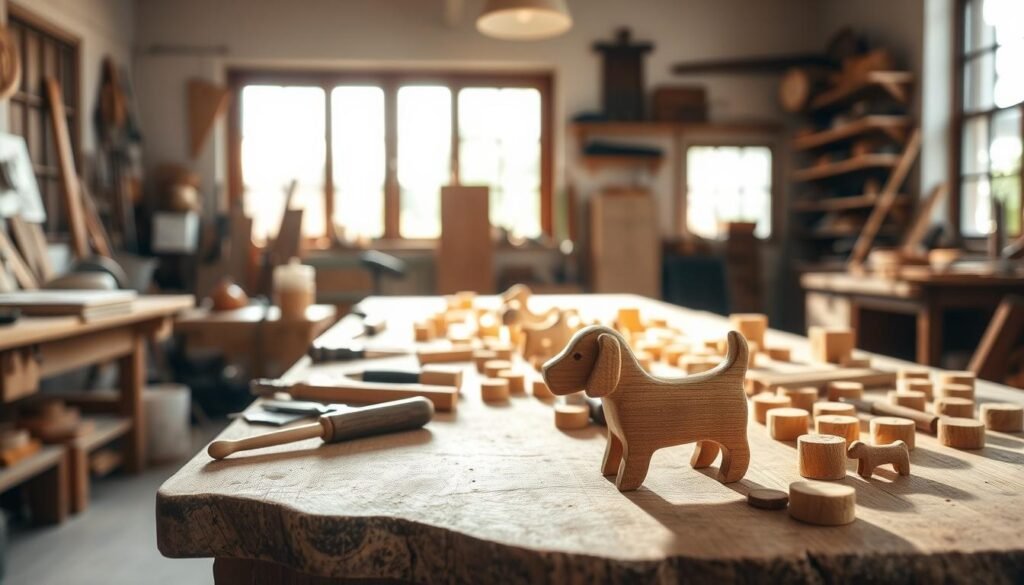 A well-lit artisanal workshop, sunlight streaming through large windows. On a sturdy workbench, an array of woodworking tools - chisels, sandpaper, a small handsaw. In the foreground, a partially carved wooden dog figurine, its smooth lines and textured grain revealing the maker's careful craftsmanship. Scattered across the tabletop, a collection of rough-hewn blocks of wood, waiting to be transformed into charming, timeless toys. The atmosphere is one of focused creativity, where the scent of freshly sanded wood mingles with the quiet concentration of the skilled craftsperson. A well-lit artisanal workshop, sunlight streaming through large windows. On a sturdy workbench, an array of woodworking tools - chisels, sandpaper, a small handsaw. In the foreground, a partially carved wooden dog figurine, its smooth lines and textured grain revealing the maker's careful craftsmanship. Scattered across the tabletop, a collection of rough-hewn blocks of wood, waiting to be transformed into charming, timeless toys. The atmosphere is one of focused creativity, where the scent of freshly sanded wood mingles with the quiet concentration of the skilled craftsperson.