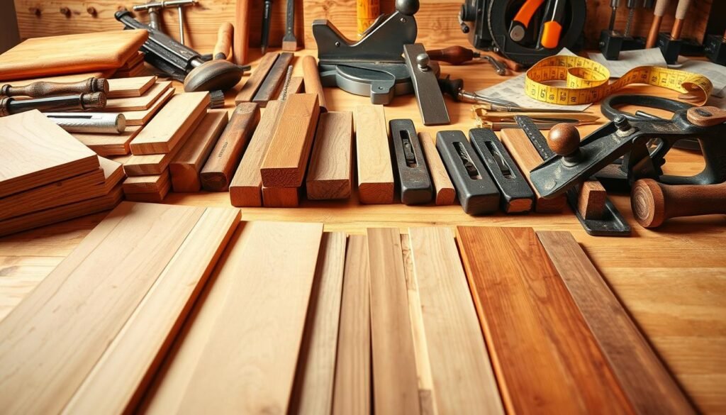 A well-lit, close-up composition showcasing an assortment of woodworking materials arranged on a clean, wooden surface. In the foreground, a variety of wood samples, including oak, maple, and cherry, are neatly displayed. In the middle ground, an array of hand tools, such as chisels, hand planes, and a miter saw, are carefully positioned. In the background, a set of clamps, sandpaper, and a tape measure create a sense of depth and completeness. The lighting is warm and natural, highlighting the textures and grains of the materials, creating a visually appealing and informative scene for a "Materials List and Budget Planning" section. A well-lit, close-up composition showcasing an assortment of woodworking materials arranged on a clean, wooden surface. In the foreground, a variety of wood samples, including oak, maple, and cherry, are neatly displayed. In the middle ground, an array of hand tools, such as chisels, hand planes, and a miter saw, are carefully positioned. In the background, a set of clamps, sandpaper, and a tape measure create a sense of depth and completeness. The lighting is warm and natural, highlighting the textures and grains of the materials, creating a visually appealing and informative scene for a "Materials List and Budget Planning" section.