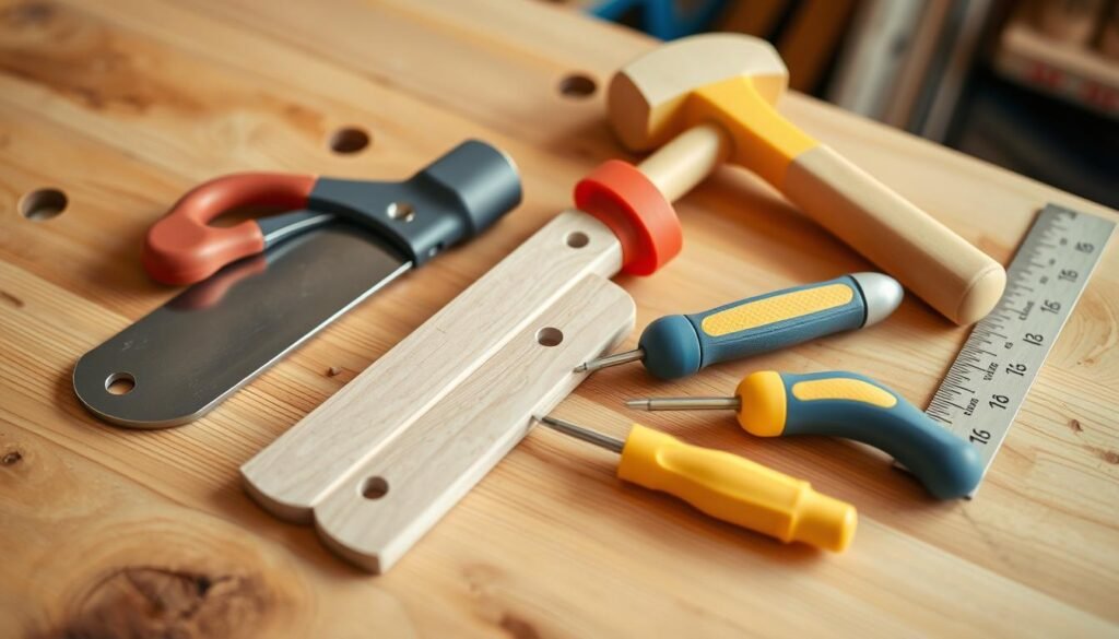 A well-lit, close-up photograph of a collection of child-safe woodworking tools laid out on a wooden workbench. The tools include a small handsaw with a rounded blade, a plastic mallet, a kid-sized hammer with a soft grip, a set of blunt-tipped safety screwdrivers, and a sturdy ruler. The tools are arranged neatly, with a sense of order and organization. The image has a warm, inviting tone, conveying a sense of safety and accessibility for young hands. The background is slightly blurred, keeping the focus on the tools themselves. A well-lit, close-up photograph of a collection of child-safe woodworking tools laid out on a wooden workbench. The tools include a small handsaw with a rounded blade, a plastic mallet, a kid-sized hammer with a soft grip, a set of blunt-tipped safety screwdrivers, and a sturdy ruler. The tools are arranged neatly, with a sense of order and organization. The image has a warm, inviting tone, conveying a sense of safety and accessibility for young hands. The background is slightly blurred, keeping the focus on the tools themselves.