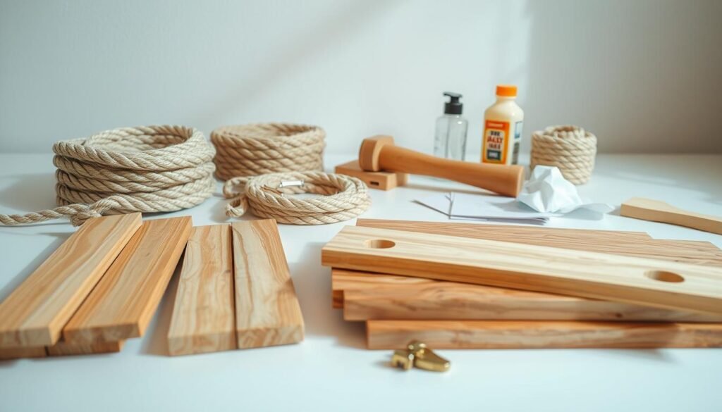 A well-lit, close-up photograph of an assortment of materials needed to create a rustic, handcrafted wooden laundry hamper. In the foreground, a selection of smooth, natural wood planks in warm, earthy tones, along with coils of sturdy rope and brass hardware. In the middle ground, a wooden mallet, sandpaper, and wood glue, conveying the craftsmanship required. The background features a clean, minimalist workspace with a white wall, casting soft, even lighting on the scene. The overall mood is one of simplicity, practicality, and attention to detail, befitting the DIY project at hand.