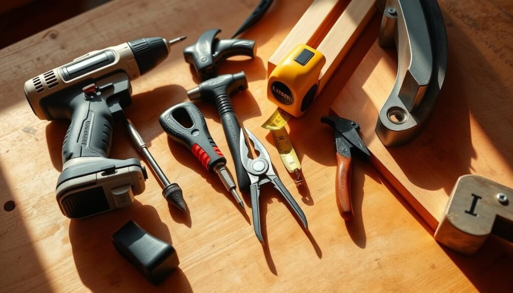 A well-lit, close-up photograph of various DIY dog crate construction tools, including a power drill, screwdriver set, hammer, tape measure, wire cutters, and wood saw, arranged neatly on a wooden workbench. The tools are cast in warm, natural lighting, casting soft shadows that create depth and texture. The image has a clean, organized, and purposeful composition, emphasizing the essential tools needed to build a functional dog crate at home.
