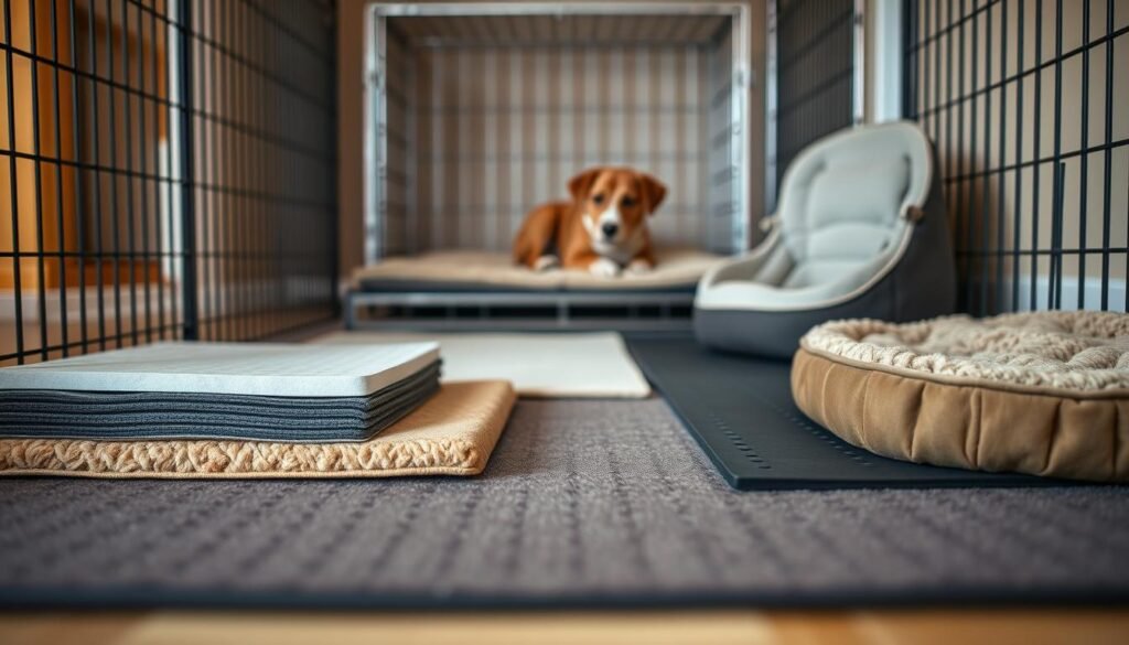 A well-lit, close-up shot of a dog crate with various flooring options laid out in a visually appealing manner. The foreground showcases a range of comfortable, durable materials such as orthopedic foam, rubber mats, and plush pet beds. The middle ground features the crate itself, with a neutral-toned, minimalist design that complements the flooring choices. The background is slightly blurred, creating a sense of focus on the crate and its accessories. The lighting is soft and warm, highlighting the textures and colors of the materials to create an inviting, cozy atmosphere for the dog's living space.