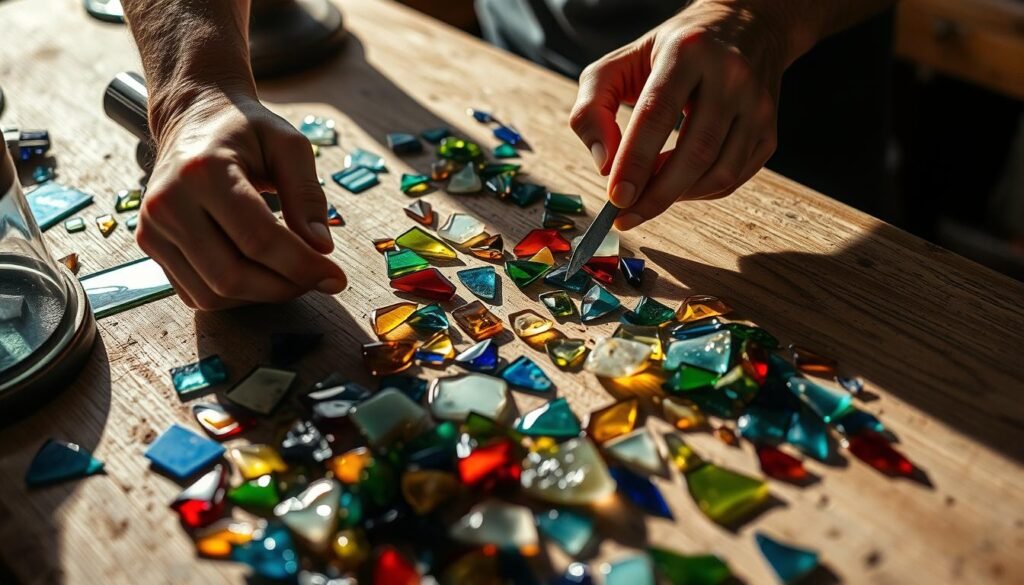 A well-lit, close-up shot of a skilled artisan's hands meticulously cutting and shaping intricate pieces of colored glass for a stained glass project. The glass fragments are arranged on a wooden workbench, showcasing the delicate process of score-and-snap techniques, glass grinders, and specialized cutting tools. The lighting casts dramatic shadows, highlighting the concentration and precision required. The image conveys the artistry and craftsmanship involved in creating the individual glass components that will later be assembled into a larger stained glass structure, such as a table lamp.