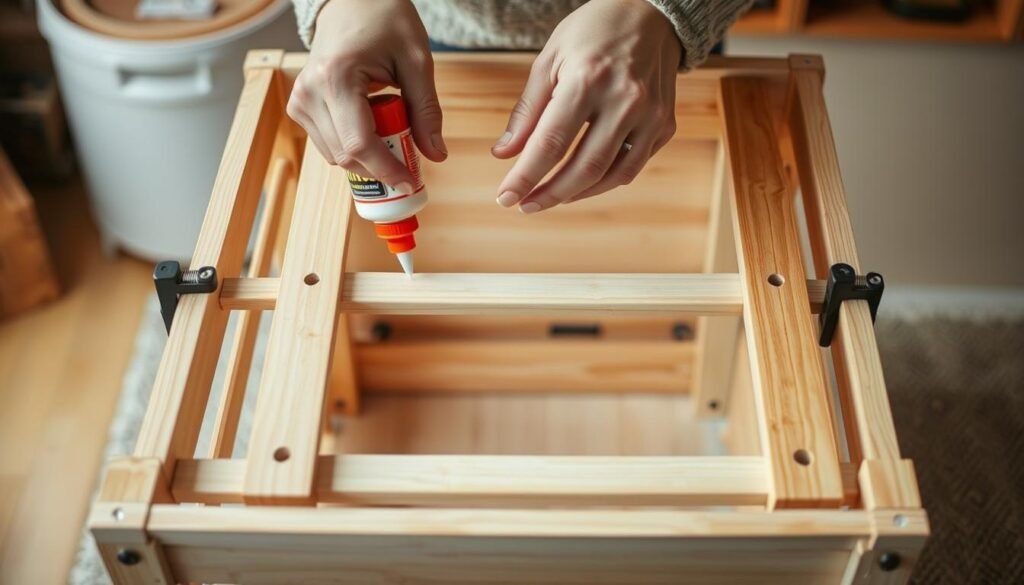 A well-lit, close-up view of a person's hands assembling the wooden frame of a laundry hamper. The frame is made of smooth, light-colored wooden slats that are being carefully joined together with wood glue and clamps. The person's hands, with fingers wrapped around the wooden pieces, are in focus, showcasing the intricate process of constructing the sturdy, rectangular hamper frame. The background is slightly blurred, keeping the attention on the hands and the assembly work. The scene conveys a sense of DIY craftsmanship, with a warm, natural lighting that enhances the texture of the wood.