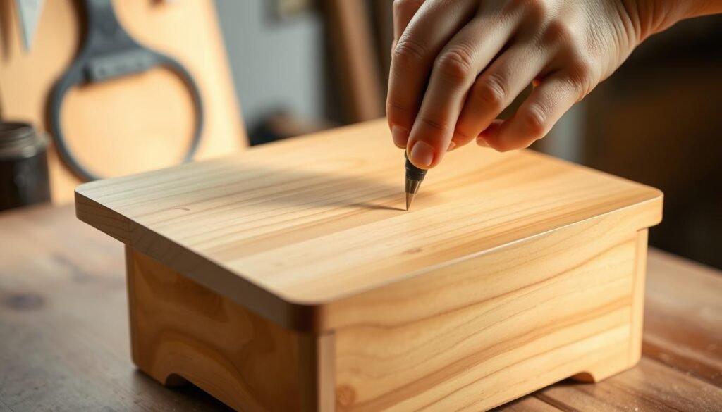 A well-lit, close-up view of a woodworker's hands carefully applying a smooth, glossy finish to the surface of a handcrafted wooden tablet stand. The stand is made of warm, honey-toned wood with a clean, minimalist design. Soft directional lighting accentuates the natural grain and subtle textures, creating a serene, contemplative atmosphere. The image captures the final, meticulous steps of the finishing process, highlighting the patience, skill, and attention to detail required to transform a simple wooden object into a beautifully polished, functional piece of furniture.