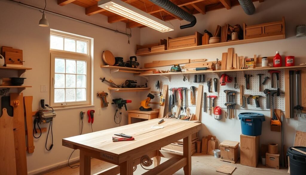 A well-lit, comfortable workspace with a sturdy wooden workbench, various woodworking tools neatly organized on wall-mounted racks, and a large window allowing natural light to flood the space. Soft diffused lighting from overhead lamps creates a warm, focused atmosphere. The room is clean and uncluttered, with a sense of order and safety. Strategically placed safety gear, such as goggles, gloves, and a first-aid kit, are easily accessible. The overall scene conveys a sense of professionalism, attention to detail, and a commitment to creating a secure environment for working with wood. A well-lit, comfortable workspace with a sturdy wooden workbench, various woodworking tools neatly organized on wall-mounted racks, and a large window allowing natural light to flood the space. Soft diffused lighting from overhead lamps creates a warm, focused atmosphere. The room is clean and uncluttered, with a sense of order and safety. Strategically placed safety gear, such as goggles, gloves, and a first-aid kit, are easily accessible. The overall scene conveys a sense of professionalism, attention to detail, and a commitment to creating a secure environment for working with wood.