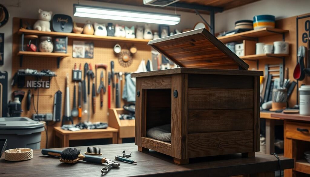 A well-lit, cozy workshop interior with a DIY heated cat house in the foreground. The cat house is made of rustic wood, with a raised platform and a hinged roof for easy access. The middle ground features various cat care and maintenance tools, including a brush, a nail clipper, and a shedding comb. In the background, there is a wall-mounted shelf displaying cat-themed decor and supplies. The lighting is warm and inviting, creating a serene and homely atmosphere perfect for tending to the needs of a beloved feline companion. A well-lit, cozy workshop interior with a DIY heated cat house in the foreground. The cat house is made of rustic wood, with a raised platform and a hinged roof for easy access. The middle ground features various cat care and maintenance tools, including a brush, a nail clipper, and a shedding comb. In the background, there is a wall-mounted shelf displaying cat-themed decor and supplies. The lighting is warm and inviting, creating a serene and homely atmosphere perfect for tending to the needs of a beloved feline companion.
