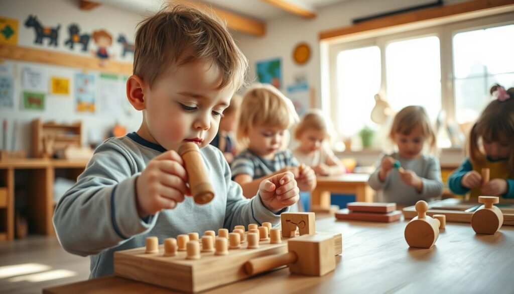 A well-lit, cozy workshop scene with young children engaged in various woodworking activities that develop their fine motor skills. In the foreground, a toddler carefully hammers wooden pegs into a pegboard, their face full of concentration. In the middle ground, another child uses sandpaper to smooth a small wooden block, their hands delicately exploring the texture. In the background, a group of children paint or decorate simple wooden toys, their creative expressions shining through. The room is filled with natural light, casting a warm glow on the scene, and the walls are adorned with child-friendly posters and artwork, creating a welcoming, educational environment. A well-lit, cozy workshop scene with young children engaged in various woodworking activities that develop their fine motor skills. In the foreground, a toddler carefully hammers wooden pegs into a pegboard, their face full of concentration. In the middle ground, another child uses sandpaper to smooth a small wooden block, their hands delicately exploring the texture. In the background, a group of children paint or decorate simple wooden toys, their creative expressions shining through. The room is filled with natural light, casting a warm glow on the scene, and the walls are adorned with child-friendly posters and artwork, creating a welcoming, educational environment.