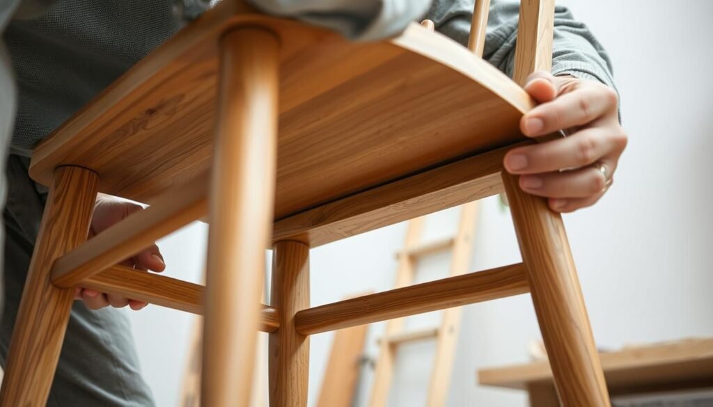 A well-lit, detailed close-up view of a person closely inspecting the underside of a wooden chair, examining the seat frame and joints for signs of dipping or structural issues. The image should convey a sense of focused diagnosis and problem-solving, with the chair occupying the foreground and the background softly blurred. Utilize a shallow depth of field to draw the viewer's attention to the specific area being inspected. The lighting should be natural and directional, highlighting the textures and grain of the wood. Capture the scene from a slightly elevated angle to provide a clear view of the chair's construction. A well-lit, detailed close-up view of a person closely inspecting the underside of a wooden chair, examining the seat frame and joints for signs of dipping or structural issues. The image should convey a sense of focused diagnosis and problem-solving, with the chair occupying the foreground and the background softly blurred. Utilize a shallow depth of field to draw the viewer's attention to the specific area being inspected. The lighting should be natural and directional, highlighting the textures and grain of the wood. Capture the scene from a slightly elevated angle to provide a clear view of the chair's construction.