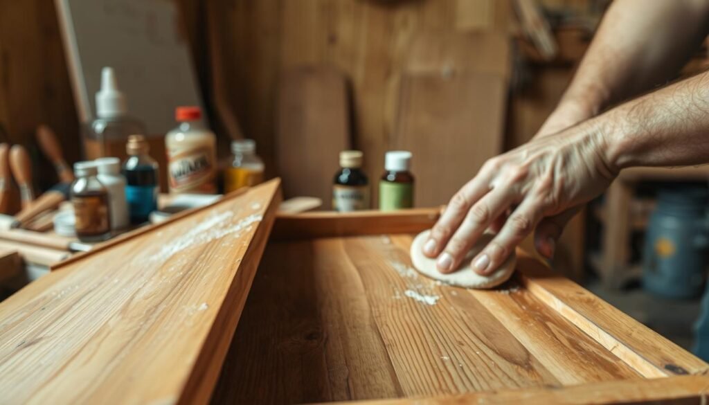 A well-lit, detailed closeup of a variety of wooden hamper finishing techniques. In the foreground, a skilled artisan's hands delicately sanding and polishing the smooth, stained wood surface of a handcrafted hamper. In the middle ground, various tools and materials - sandpaper, wood stains, varnishes, and natural bristle brushes - arranged neatly. The background showcases a rustic, textured wooden workbench in a cozy, warm-lit workshop setting, highlighting the artisanal craftsmanship. The scene conveys a sense of pride, care, and attention to detail in the final stages of creating a beautiful, functional wooden hamper.