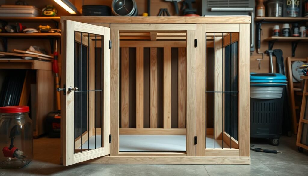 A well-lit, detailed do-it-yourself dog crate design, showcasing an open front door in the foreground. In the middle ground, the crate frame is constructed from sturdy wood panels, with a sleek, minimalist aesthetic. The background features a home workshop setting, with various tools and supplies visible, conveying a sense of functionality and practicality. The lighting is warm and natural, highlighting the textural qualities of the materials used. The overall composition emphasizes the step-by-step process of creating a customized, high-quality dog crate that seamlessly integrates into a home environment.
