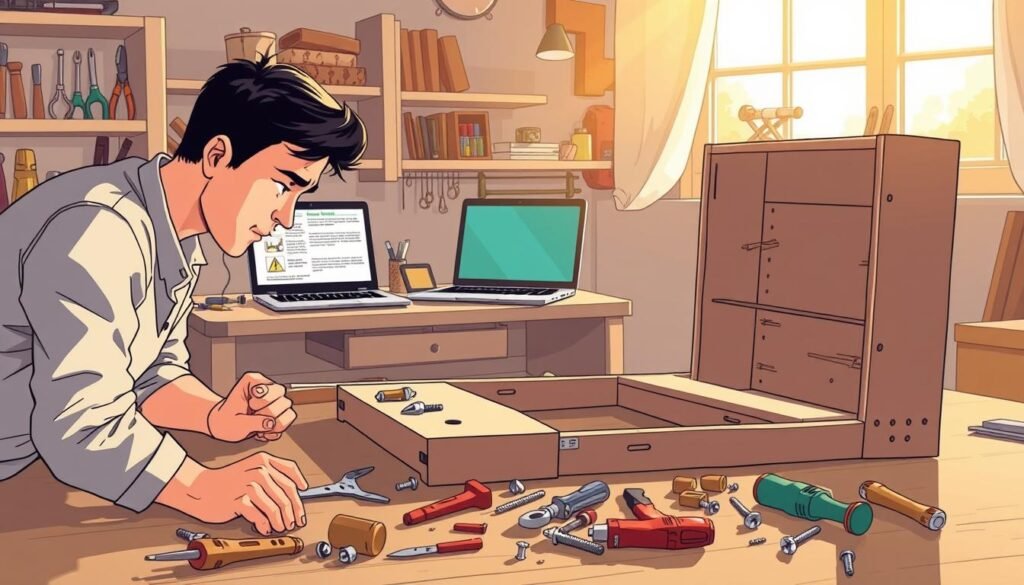 A well-lit, detailed illustration of a DIY furniture troubleshooting scenario. In the foreground, a person examines a partially disassembled piece of furniture, their brow furrowed in concentration. Scattered around them are various tools, fasteners, and furniture components. The middle ground features a neatly organized workbench, with a laptop displaying troubleshooting instructions. In the background, shelves hold a variety of DIY tools and supplies. Warm, natural lighting filters through a window, casting a soft glow over the scene. The overall mood is one of problem-solving, with a sense of focus and determination.