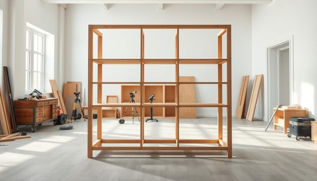 A well-lit, detailed interior scene of a modern shelving unit dresser being assembled. The frame stands in the foreground, its sturdy wooden components precisely fitted together with visible hardware. Behind it, the middle ground shows various tools and assembly materials neatly arranged, suggesting a methodical process. The background features a bright, airy room with clean white walls and ample natural lighting streaming in through large windows, creating a sense of space and clarity. The overall mood is one of focused, careful construction, with a sleek, minimalist aesthetic.