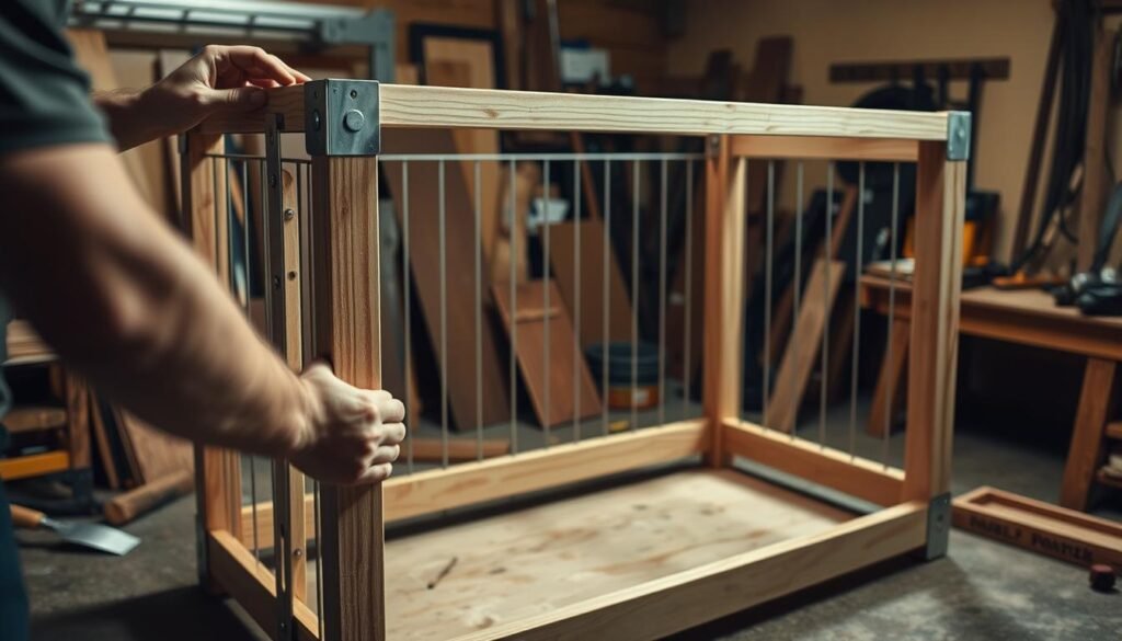 A well-lit, detailed scene depicting the assembly process of a DIY dog crate frame. The frame is constructed from sturdy wooden beams, precisely measured and joined together with metal connectors. The foreground shows hands carefully attaching the pieces, while the middle ground showcases the partially assembled frame standing upright. The background reveals the woodworking tools and materials used, creating a sense of a functional, workshop-like environment. The lighting is a combination of natural daylight and warm, focused task lighting, highlighting the textures and contours of the wooden elements. The overall atmosphere conveys a sense of a methodical, step-by-step DIY project, ready to be transformed into a functional and stylish dog crate.