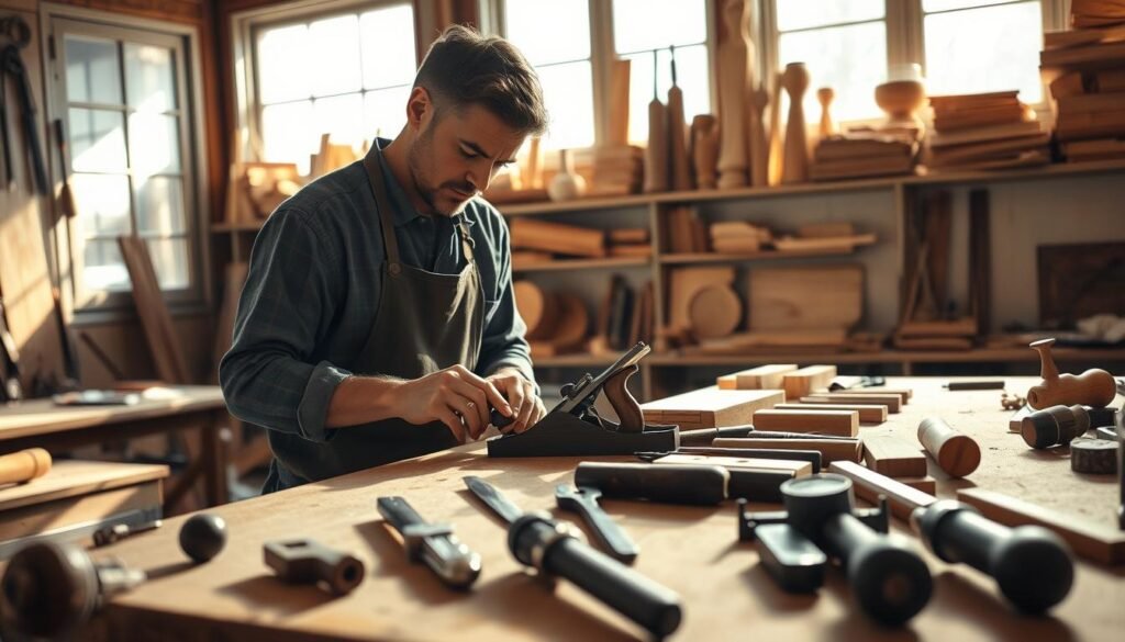 A well-lit, detailed scene of a woodworking studio. In the foreground, a craftsman meticulously shaping a piece of wood with a hand plane, their face serene and focused. The middle ground features an assortment of hand tools neatly organized on a workbench, casting soft shadows. In the background, sunlight streams through large windows, illuminating shelves stocked with various woodworking projects in various stages of completion. The atmosphere is calming, with a sense of mindfulness and therapeutic engagement permeating the space. A well-lit, detailed scene of a woodworking studio. In the foreground, a craftsman meticulously shaping a piece of wood with a hand plane, their face serene and focused. The middle ground features an assortment of hand tools neatly organized on a workbench, casting soft shadows. In the background, sunlight streams through large windows, illuminating shelves stocked with various woodworking projects in various stages of completion. The atmosphere is calming, with a sense of mindfulness and therapeutic engagement permeating the space.