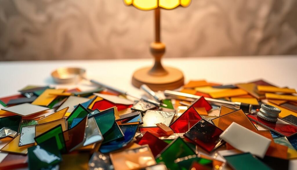 A well-lit, detailed still life composition of the essential materials for creating a stained glass table lamp. In the foreground, an array of colored glass sheets in various hues, cut and shaped. In the middle ground, copper foil, soldering tools, and a wooden base. In the background, a soft, warm lighting setup, casting a gentle glow over the scene. The overall atmosphere is one of craftsmanship, creativity, and the warm ambiance of a handmade lighting fixture. The camera captures the scene at a slight high angle, highlighting the intricate details and varied textures of the materials.