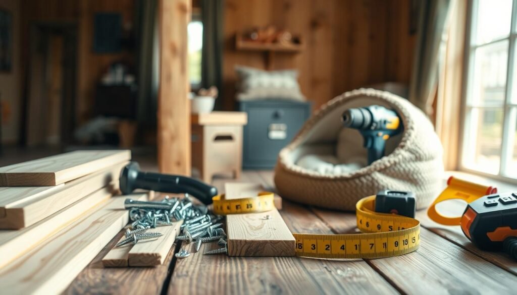 A well-lit, detailed still life image showcasing the essential materials and tools for building a DIY indoor dog house. The foreground features an assortment of construction-grade wood planks, screws, a hammer, a drill, and a measuring tape, arranged neatly on a rustic wooden surface. The middle ground includes a small, charming dog bed with a soft cushion, placed next to the materials. The background depicts a warm, cozy interior with natural light streaming in through a window, creating a soothing, inviting atmosphere. The overall composition emphasizes the craftsmanship and care required to build a comfortable, customized indoor sanctuary for a beloved pet. A well-lit, detailed still life image showcasing the essential materials and tools for building a DIY indoor dog house. The foreground features an assortment of construction-grade wood planks, screws, a hammer, a drill, and a measuring tape, arranged neatly on a rustic wooden surface. The middle ground includes a small, charming dog bed with a soft cushion, placed next to the materials. The background depicts a warm, cozy interior with natural light streaming in through a window, creating a soothing, inviting atmosphere. The overall composition emphasizes the craftsmanship and care required to build a comfortable, customized indoor sanctuary for a beloved pet.