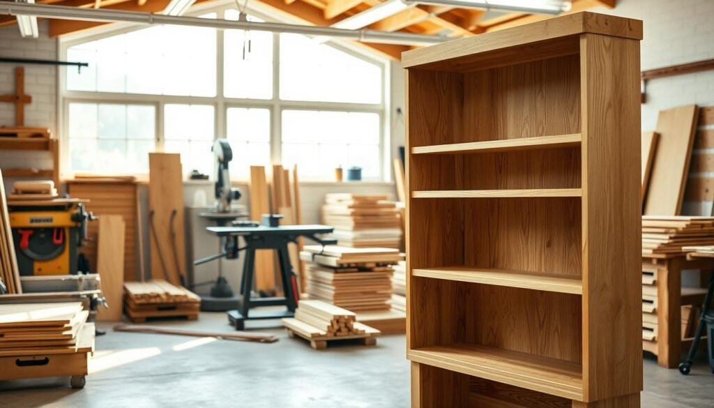A well-lit, detailed woodworking workshop with a sturdy, hand-crafted bookcase in the foreground. The bookcase has a clean, contemporary design with crisp lines, smooth surfaces, and a natural wood grain finish. In the middle ground, various tools and materials are neatly arranged, including a miter saw, wood clamps, and stacks of lumber. The background features a bright, airy space with large windows allowing natural light to filter in, casting a warm, inviting glow. The overall scene conveys a sense of craftsmanship, organization, and the satisfying process of constructing a practical, high-quality piece of furniture. A well-lit, detailed woodworking workshop with a sturdy, hand-crafted bookcase in the foreground. The bookcase has a clean, contemporary design with crisp lines, smooth surfaces, and a natural wood grain finish. In the middle ground, various tools and materials are neatly arranged, including a miter saw, wood clamps, and stacks of lumber. The background features a bright, airy space with large windows allowing natural light to filter in, casting a warm, inviting glow. The overall scene conveys a sense of craftsmanship, organization, and the satisfying process of constructing a practical, high-quality piece of furniture.