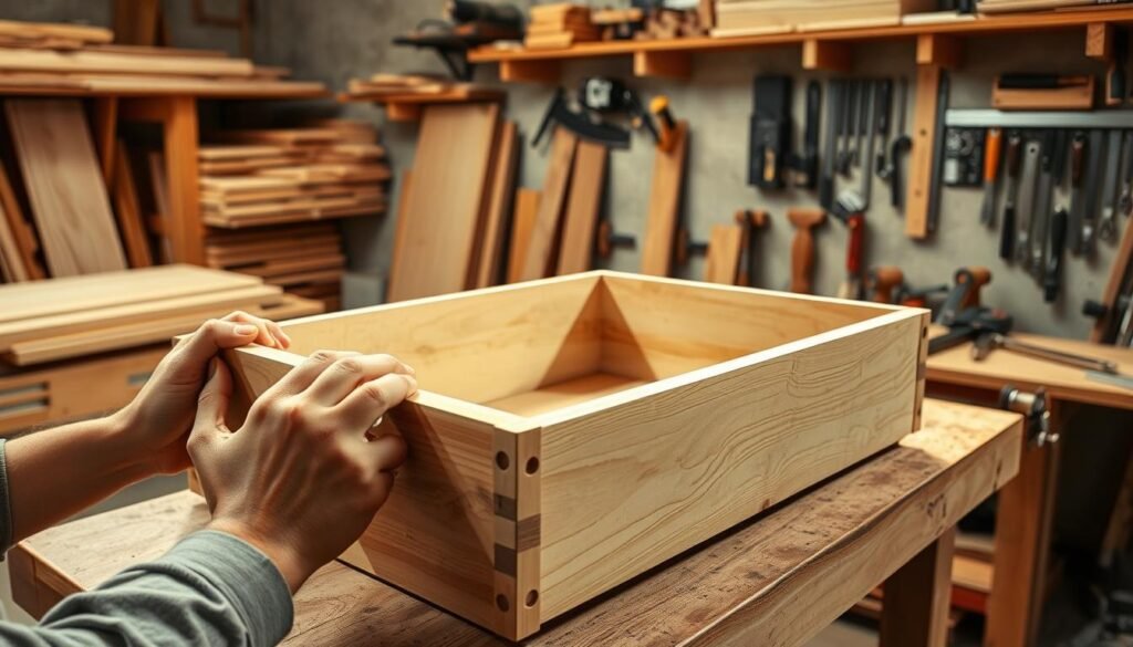 A well-lit, detailed workshop scene showing the step-by-step construction of a wooden drawer box. In the foreground, hands are carefully assembling the drawer frame, joints being precisely fitted. In the middle ground, various woodworking tools - chisels, saws, clamps - are neatly arranged on a sturdy workbench. The background features a wall lined with shelves of lumber and hardware, conveying a sense of a functional, organized workspace. The lighting is warm and natural, casting soft shadows that emphasize the textures of the wood. The overall mood is one of focused, methodical craftsmanship.