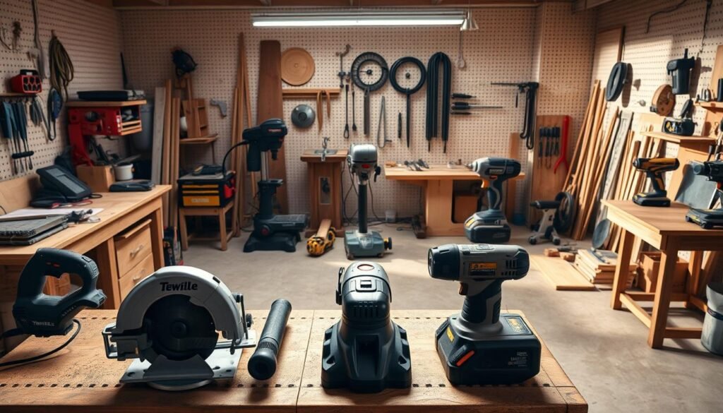 A well-lit, expansive woodworking workshop filled with an assortment of essential power tools. In the foreground, a circular saw, a jigsaw, and a rotary tool sit on a sturdy workbench, their metallic surfaces gleaming. In the middle ground, a floor-standing drill press and a belt sander stand ready for precise cutting and sanding tasks. The background reveals a miter saw, a router, and a cordless impact driver, all neatly organized on pegboard walls, casting long shadows and creating a sense of depth and perspective. The overall atmosphere conveys a workspace dedicated to the art of woodworking, with a focus on the tools required to build a versatile storage bench. A well-lit, expansive woodworking workshop filled with an assortment of essential power tools. In the foreground, a circular saw, a jigsaw, and a rotary tool sit on a sturdy workbench, their metallic surfaces gleaming. In the middle ground, a floor-standing drill press and a belt sander stand ready for precise cutting and sanding tasks. The background reveals a miter saw, a router, and a cordless impact driver, all neatly organized on pegboard walls, casting long shadows and creating a sense of depth and perspective. The overall atmosphere conveys a workspace dedicated to the art of woodworking, with a focus on the tools required to build a versatile storage bench.