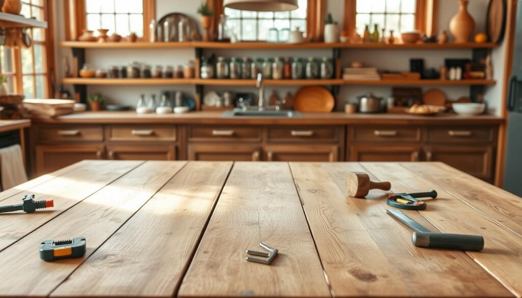 A well-lit farmhouse kitchen with a sturdy wooden table in the foreground, its planks meticulously assembled and sanded to a smooth finish. Surrounding the table, an assortment of tools and hardware - clamps, screwdrivers, and a mallet - neatly arranged, suggesting a recent DIY project. The table's rustic, distressed design is complemented by the warm, natural lighting filtering through large windows, casting a soft glow on the scene. In the background, shelves filled with mason jars, cookbooks, and other farmhouse decor create a cozy, inviting atmosphere, perfectly capturing the essence of a homemade DIY farmhouse table.