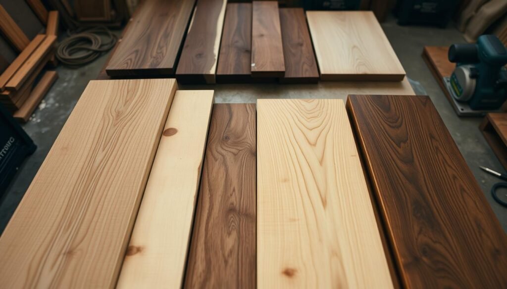 A well-lit, high-angle photograph of an assortment of various wood types suitable for a puzzle coffee table. In the foreground, a selection of quartered oak, birch, and maple boards of varying thickness and grain patterns. The middle ground showcases a few walnut and cherry planks, their rich hues and intricate grains on display. In the background, a few power tools like a circular saw and sander provide context. The lighting is soft and diffuse, highlighting the natural textures and warm tones of the different wood species. The overall mood is one of thoughtful consideration, as if the viewer is carefully examining and selecting the perfect materials for their DIY puzzle coffee table project.