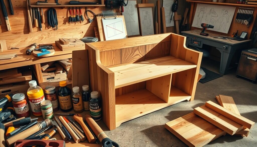 A well-lit, high-angle photograph showcasing various woodworking customization ideas for a home storage bench. In the foreground, an assortment of hand tools, wood stains, and decorative hardware items are neatly arranged. The middle ground features a partially assembled storage bench, with a focus on intricate joinery, dovetail accents, and a customized shelving system. In the background, a workshop setting with workbenches, power tools, and inspiring sketches or design plans creates a sense of a creative, DIY atmosphere. The lighting is warm and natural, casting subtle shadows that highlight the textures and details of the woodworking projects. The overall composition conveys a sense of craftsmanship, personalization, and the potential for a versatile, customized storage solution. A well-lit, high-angle photograph showcasing various woodworking customization ideas for a home storage bench. In the foreground, an assortment of hand tools, wood stains, and decorative hardware items are neatly arranged. The middle ground features a partially assembled storage bench, with a focus on intricate joinery, dovetail accents, and a customized shelving system. In the background, a workshop setting with workbenches, power tools, and inspiring sketches or design plans creates a sense of a creative, DIY atmosphere. The lighting is warm and natural, casting subtle shadows that highlight the textures and details of the woodworking projects. The overall composition conveys a sense of craftsmanship, personalization, and the potential for a versatile, customized storage solution.
