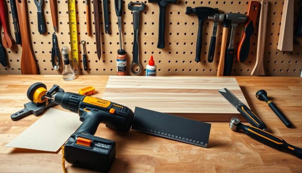 A well-lit, high-angle shot of a neatly arranged collection of essential woodworking tools for a DIY dog toy box project. In the foreground, a cordless power drill, saw, and sandpaper sit on a sturdy workbench. In the middle ground, a measuring tape, wood glue, and wood chisel stand upright, ready for use. The background features a pegboard wall displaying a variety of hand tools, including a hammer, screwdrivers, and clamps. The scene conveys a sense of organization, preparedness, and the craftsmanship required to build a durable, high-quality wooden dog toy box. A well-lit, high-angle shot of a neatly arranged collection of essential woodworking tools for a DIY dog toy box project. In the foreground, a cordless power drill, saw, and sandpaper sit on a sturdy workbench. In the middle ground, a measuring tape, wood glue, and wood chisel stand upright, ready for use. The background features a pegboard wall displaying a variety of hand tools, including a hammer, screwdrivers, and clamps. The scene conveys a sense of organization, preparedness, and the craftsmanship required to build a durable, high-quality wooden dog toy box.